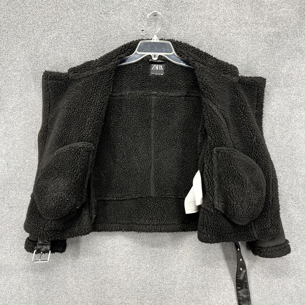 Zara Motorcycle Jacket Women XS Black Black Double Sided Strap Faux Suede Fleece - Picture 3 of 16